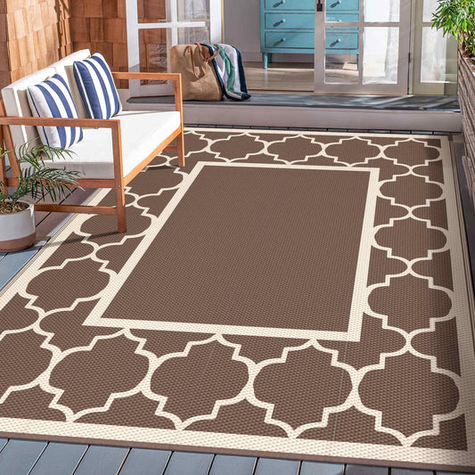 DEORAB Outdoor Rugs Waterproof Plastic Straw Mat 9'x12' Reversible for RV Patio Deck Beach Coffee & Beige