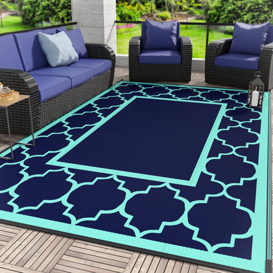 DEORAB Outdoor Rugs Waterproof Plastic Straw Mat 6'x9' Reversible for RV Patio Deck Beach Navy Blue & Jade Green
