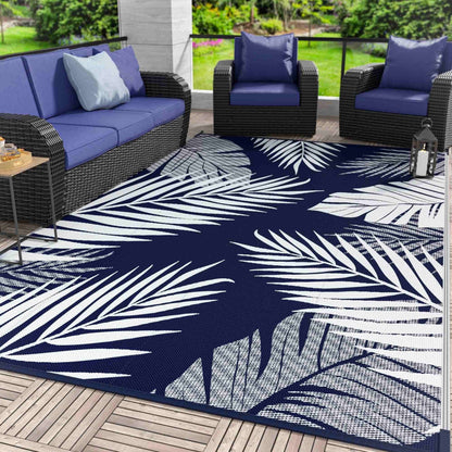 DEORAB 9'x12' Outdoor Rugs Patio Waterproof Outside Mat Reversible Plastic Camping Carpet,Navy blue & White