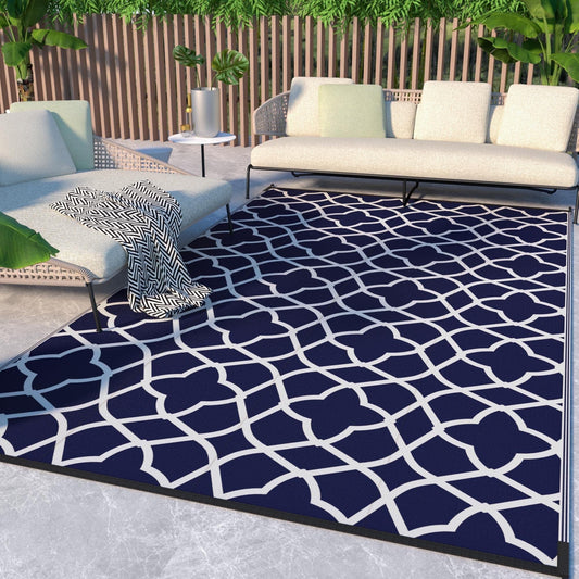 DEORAB 9'x12' Outdoor Rugs Reversible Plastic Straw Patio Outside Clearance Carpet Camping RV Mats,Blue & White
