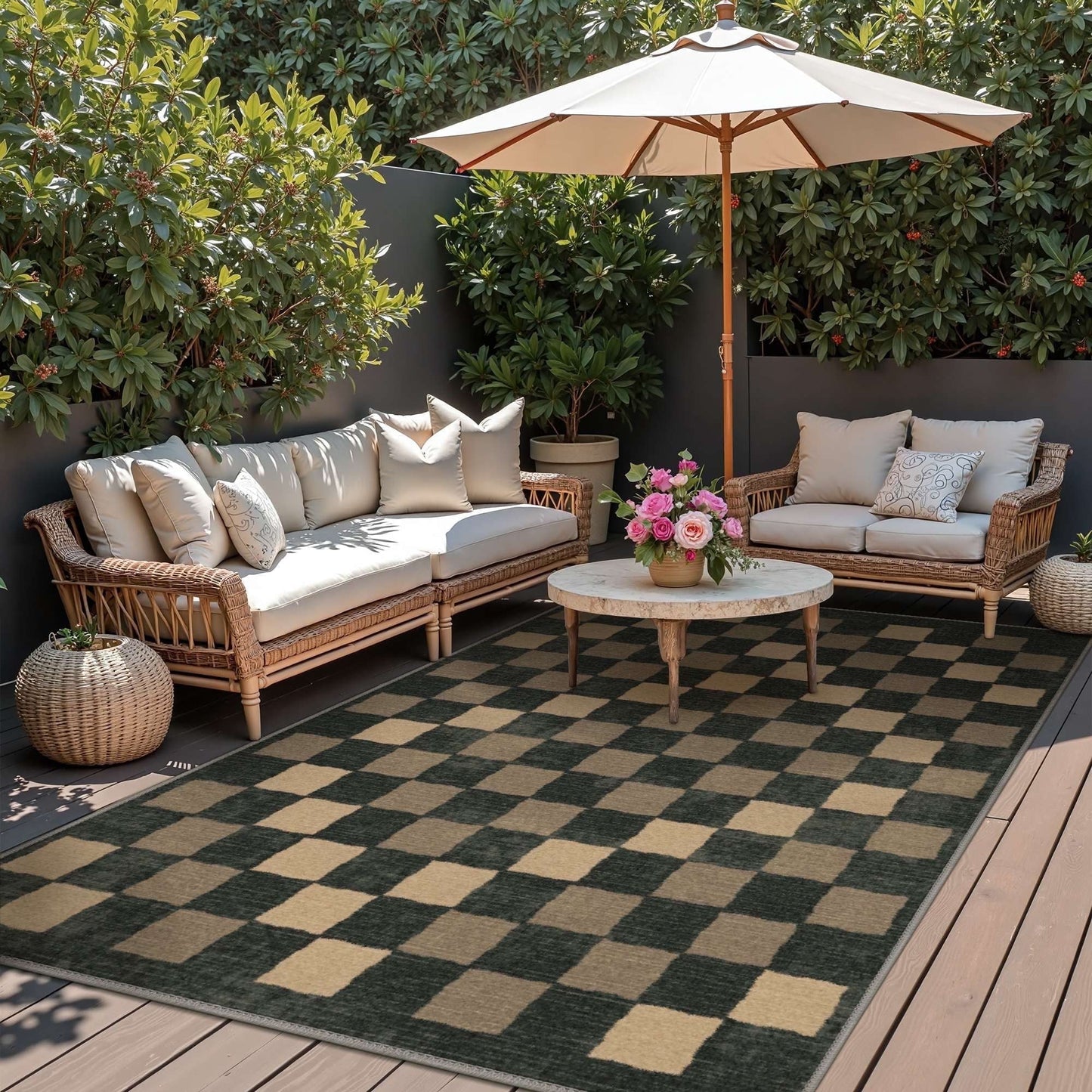 deorab outdoor rugs 9'x12' chenille patio rug three-layer material imitation silicone spot molding camping outside rv mat,black & brown