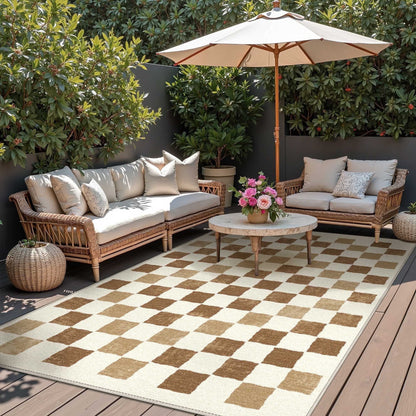 DEORAB Outdoor Rugs 9'X12' Chenille Patio Rug Three-Layer Material Imitation Silicone Spot Molding Camping Outside Rv Mat,BROWN & BEIGE