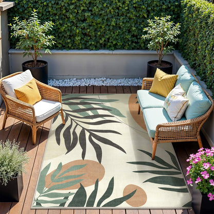 DEORAB Outdoor Rug 4'X6' Chenille Patio Carpet Three-Layer Material Imitation Silicone Spot Molding Camping Outside RV Mat,Beige&Green