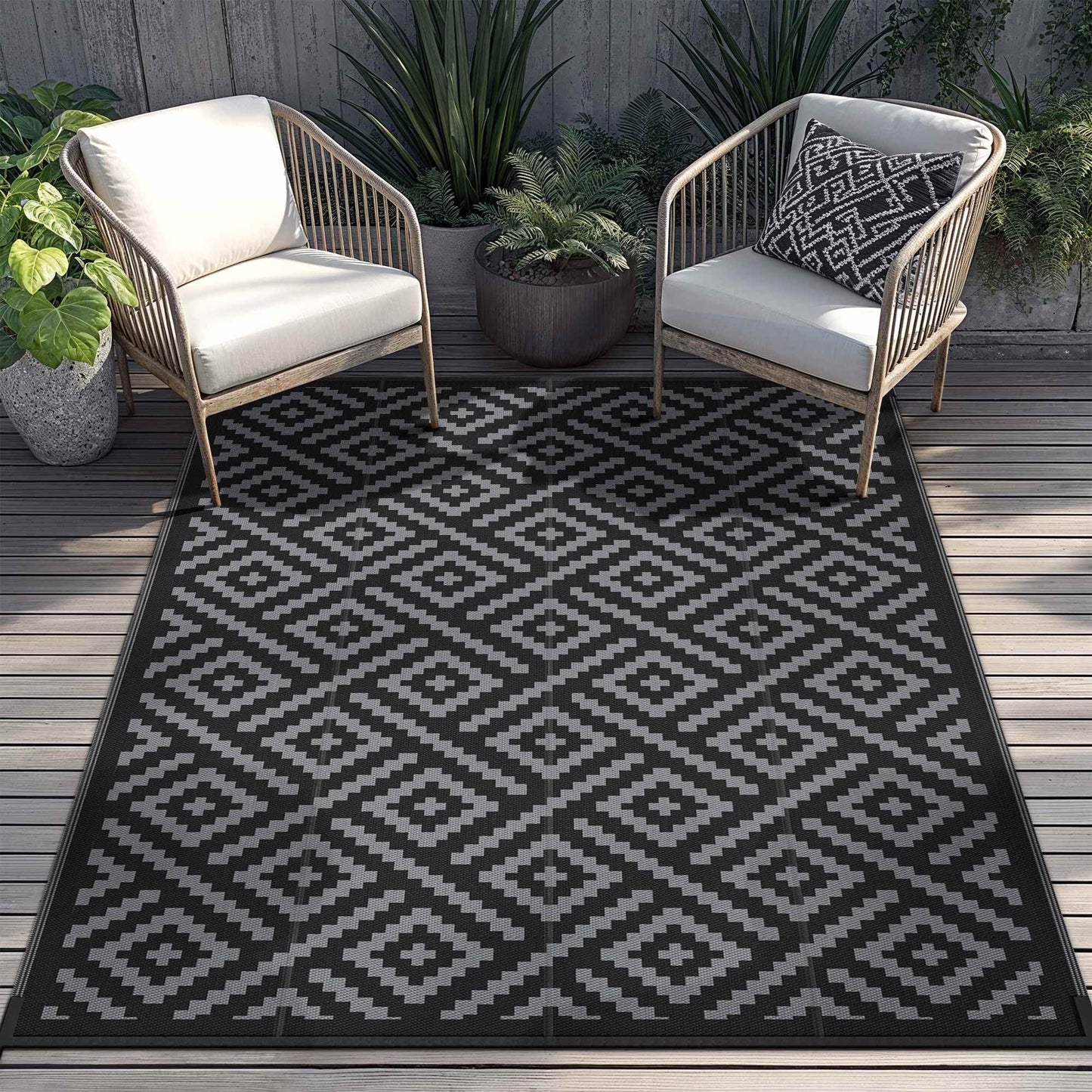 deorab outdoor rugs waterproof plastic straw mat 10'x14' reversible for rv patio deck beach black & gray