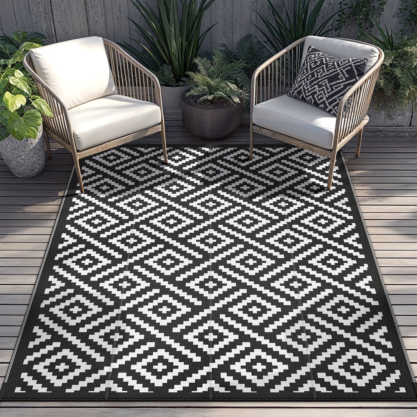deorab outdoor rugs waterproof plastic straw mat 6'x9' reversible for rv patio deck beach black & white