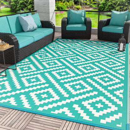 DEORAB Outdoor Rugs Waterproof Plastic Straw Mat 6'x9' Reversible for RV Patio Deck Beach Lake Green & Beige White