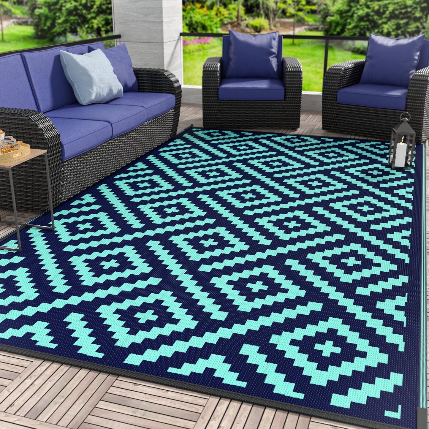 deorab outdoor rugs waterproof plastic straw mat 6'x9' reversible for rv patio deck beach navy blue & jade green