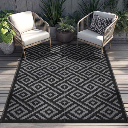 DEORAB Outdoor Rugs Waterproof Plastic Straw Mat 8'x10' Reversible for RV Patio Deck Beach Black & Gray