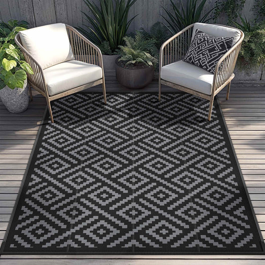 DEORAB Outdoor Rugs Waterproof Plastic Straw Mat 5'x8' Reversible for RV Patio Deck Beach Black & Gray