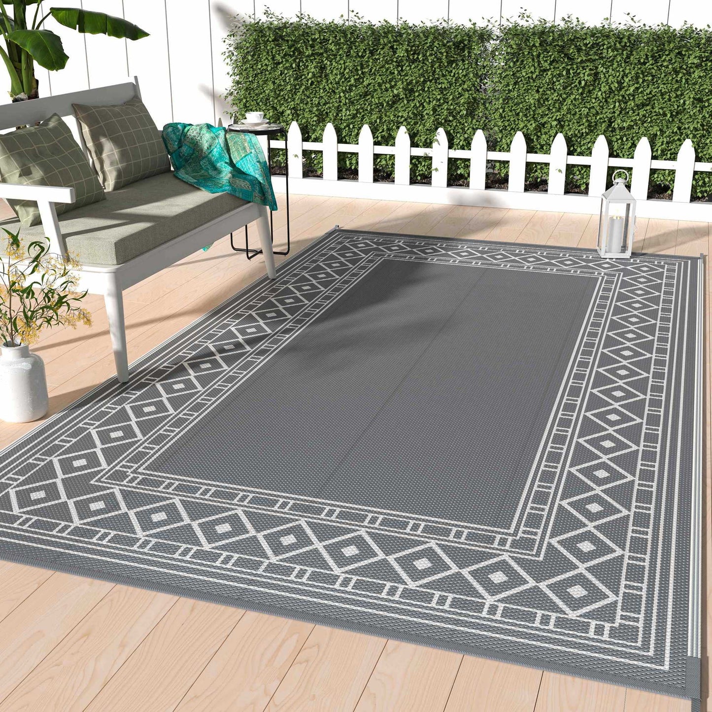 deorab outdoor rugs waterproof plastic straw camping carpet reversible patio outside mat 6'x9',grey & white