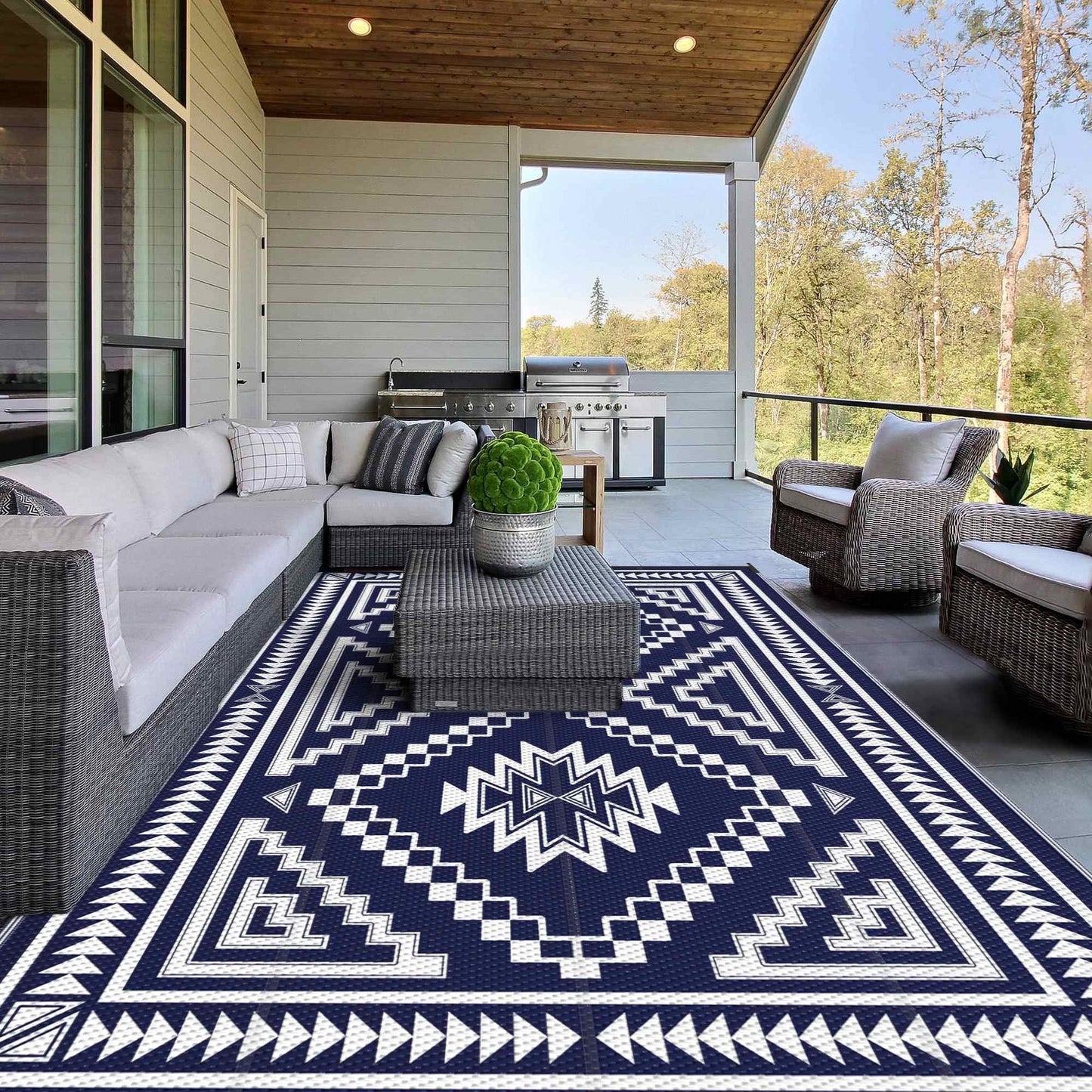 deorab outdoor rug for patio 5'x8' waterproof mat reversible plastic camping blue & white