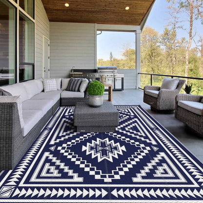 DEORAB Outdoor Rug for Patio 5'x8' Waterproof Mat Reversible Plastic Camping Blue & White