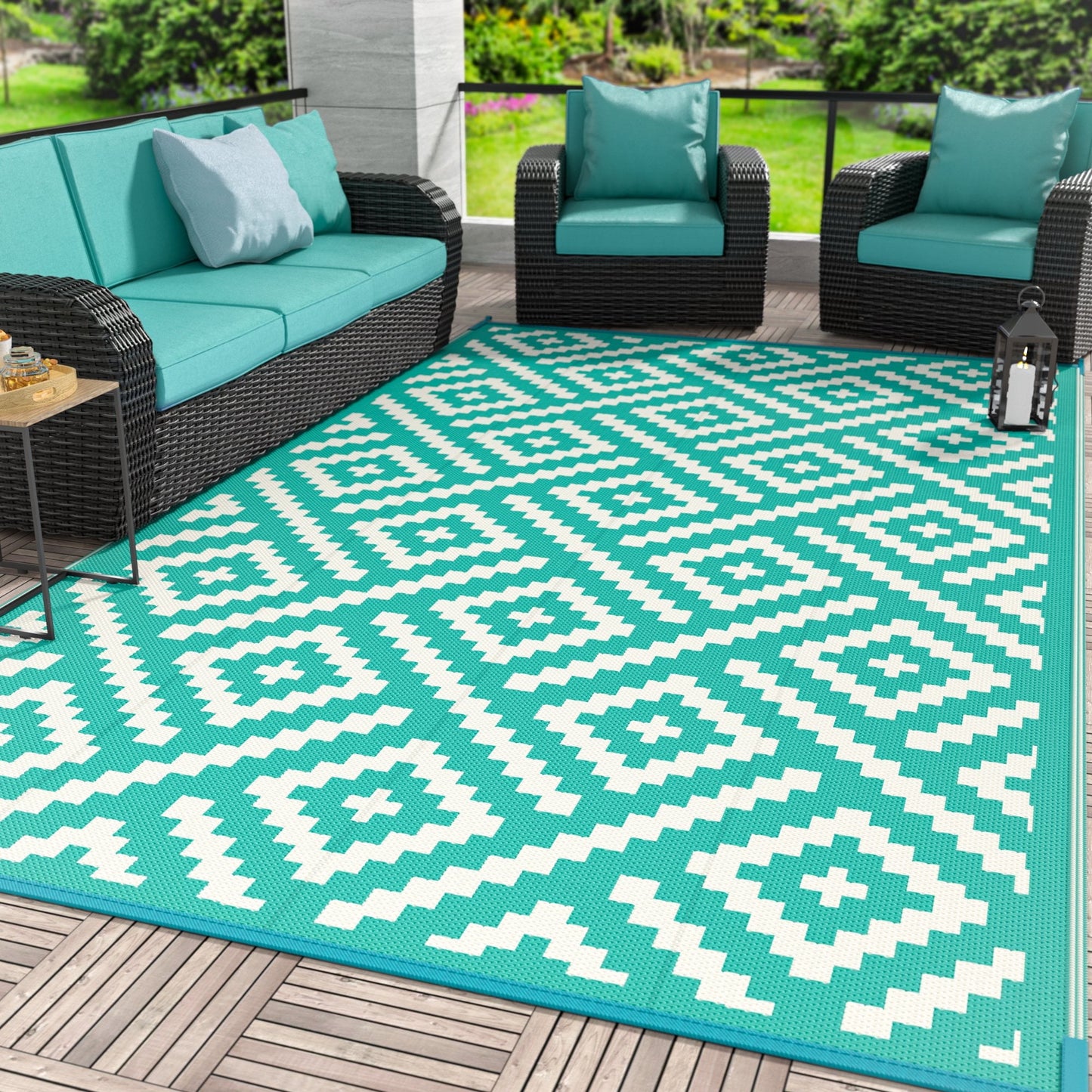 deorab 5'x8' outdoor patio clearance waterproof rug reversible plastic camping mat,lake green & beige white