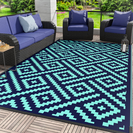 DEORAB Outdoor Rug for Patio Clearance 5'x8' Waterproof Outside Mat Reversible Plastic Camping Carpet,Navy Blue & Jade Green