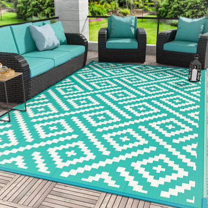 DEORAB Outdoor Rug Patio Clearance,8'x10' Waterproof Mat,Reversible Plastic Camping,lake green & beige white