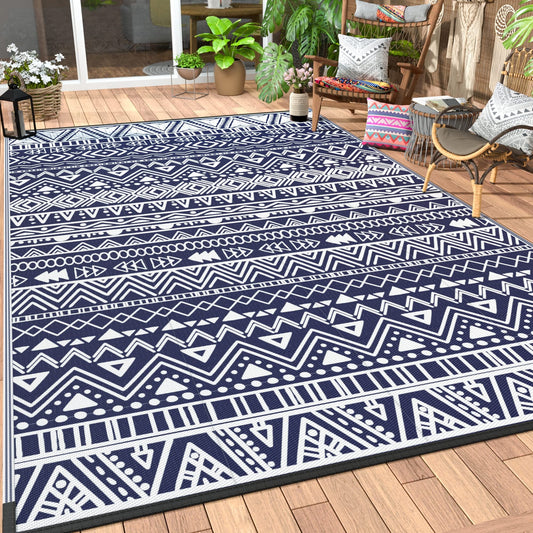 DEORAB Outdoor Rugs Waterproof Plastic Straw Mat 5'x8' Reversible for RV Patio Deck Beach Blue & White