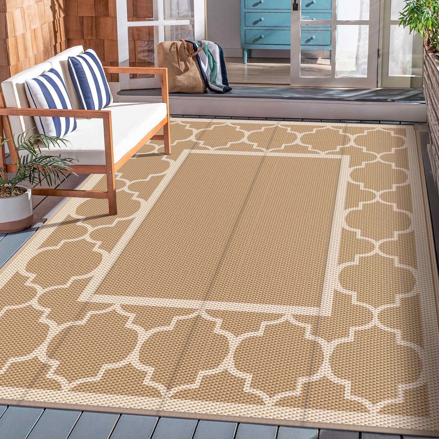 deorab outdoor rugs waterproof plastic straw mat 6'x9' reversible for rv patio deck beach brown & beige
