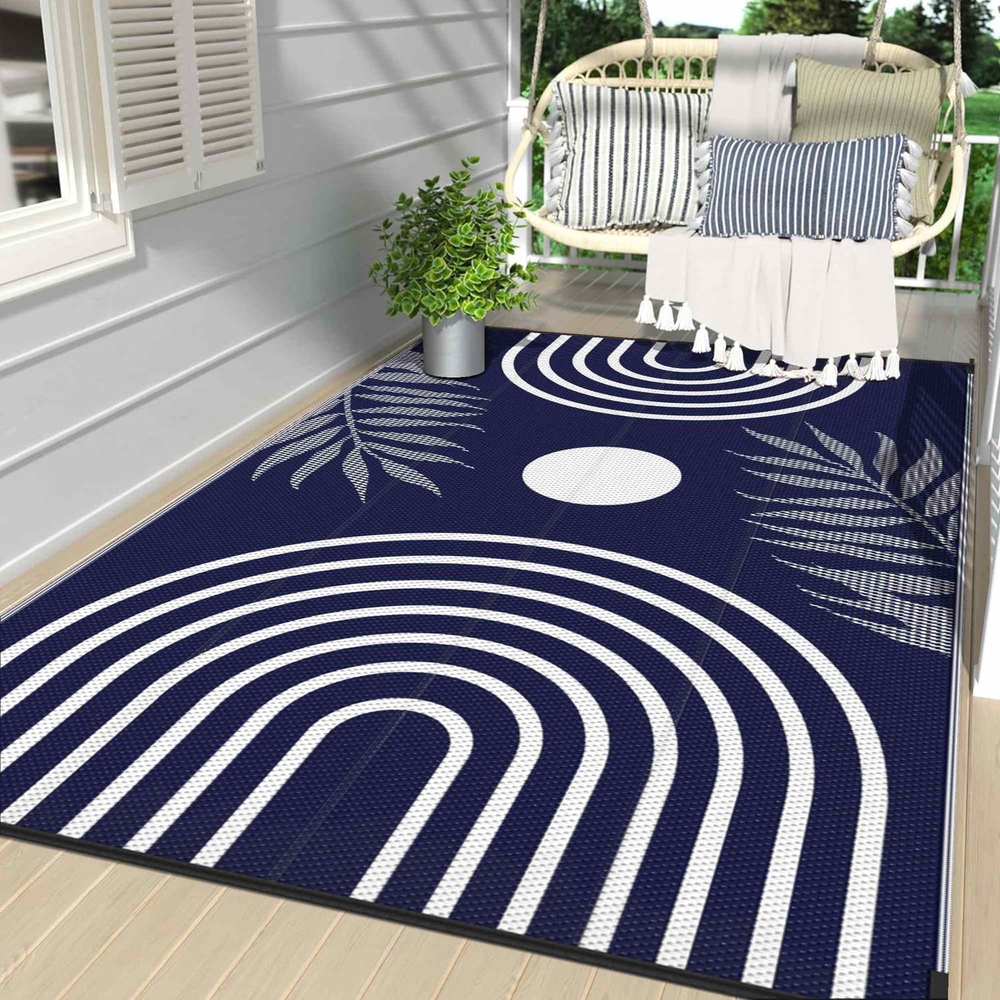 deorab outdoor rugs waterproof plastic straw mat 5'x8' reversible for rv patio deck beach blue & white