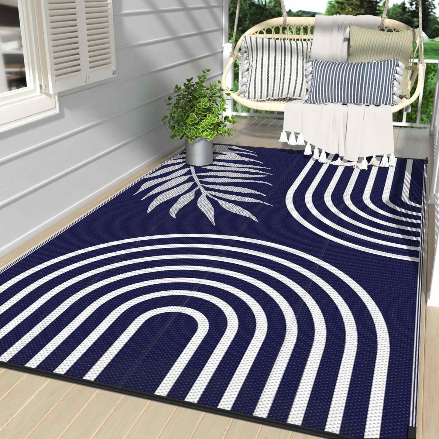 deorab outdoor rugs waterproof plastic straw mat 5'x8' reversible for rv patio deck beach blue & white