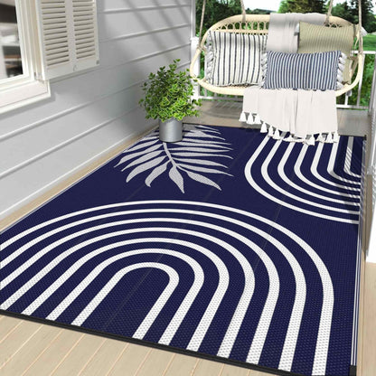 DEORAB Outdoor Rugs Waterproof Plastic Straw Mat 5'x8' Reversible for RV Patio Deck Beach Blue & White