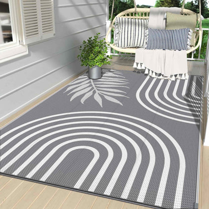 DEORAB Outdoor Rugs Waterproof Plastic Straw Mat 5'x8' Reversible for RV Patio Deck Beach Gray & White