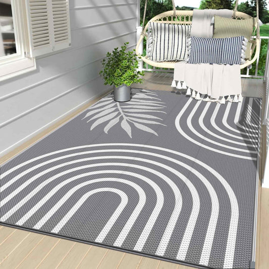 DEORAB Outdoor Rugs Waterproof Plastic Straw Mat 5'x8' Reversible for RV Patio Deck Beach Gray & White