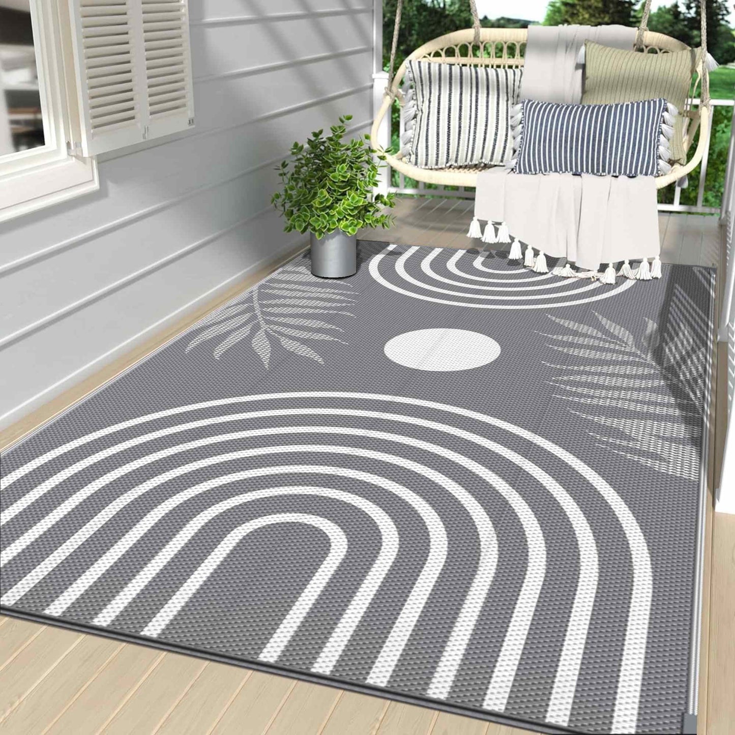 deorab outdoor rugs waterproof plastic straw mat 5'x8' reversible for rv patio deck beach gray & white
