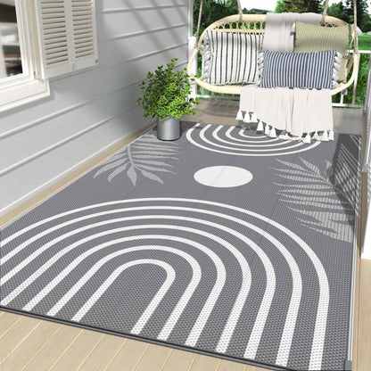 DEORAB Outdoor Rugs Waterproof Plastic Straw Mat 5'x8' Reversible for RV Patio Deck Beach Gray & White