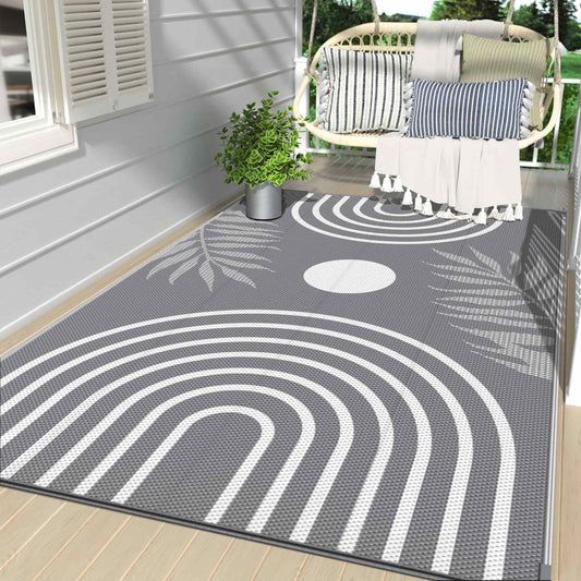 DEORAB Outdoor Rugs Waterproof Plastic Straw Mat 5'x8' Reversible for RV Patio Deck Beach Gray & White