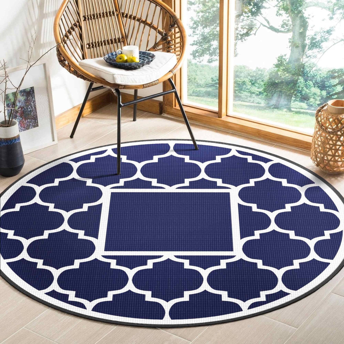 deorab outdoor rugs waterproof plastic straw mat 8'x8' reversible for rv patio deck beach blue & white