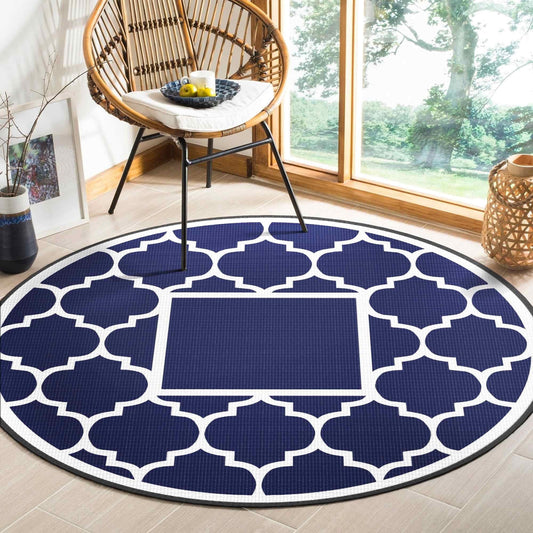 DEORAB Outdoor Rugs Waterproof Plastic Straw Mat 8'x8' Reversible for RV Patio Deck Beach Blue & White