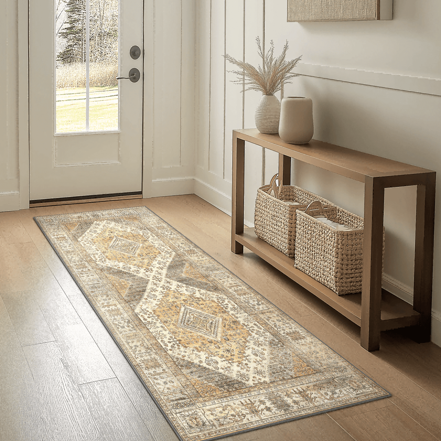 deorab runner rug 2x5 non slip hallway vintage rugs, machine washable lightweight mat for living room, entryway, bedroom, kitchen and passage, ultra-thin, beige