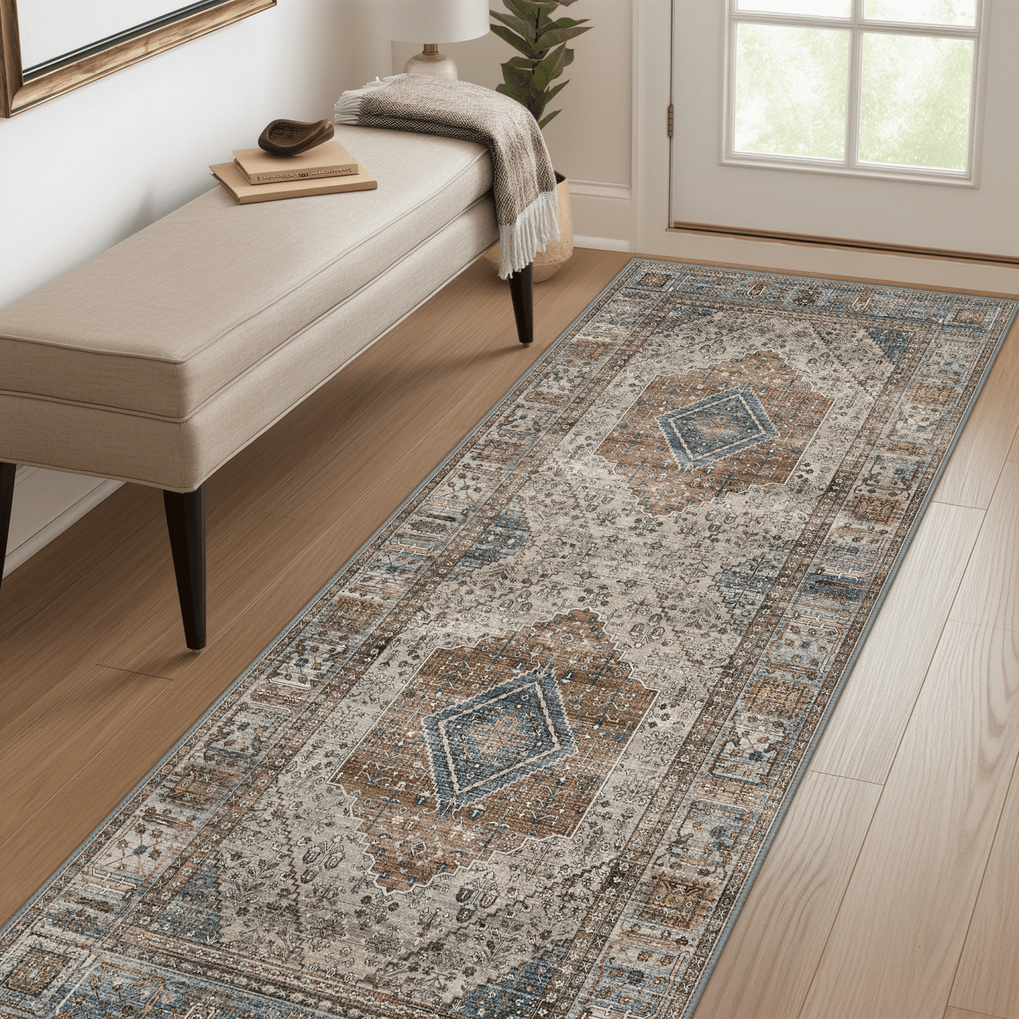 deorab runner rug 2x5 non slip hallway vintage rugs, machine washable lightweight mat for living room, entryway, bedroom, kitchen and passage, ultra-thin, blue gray