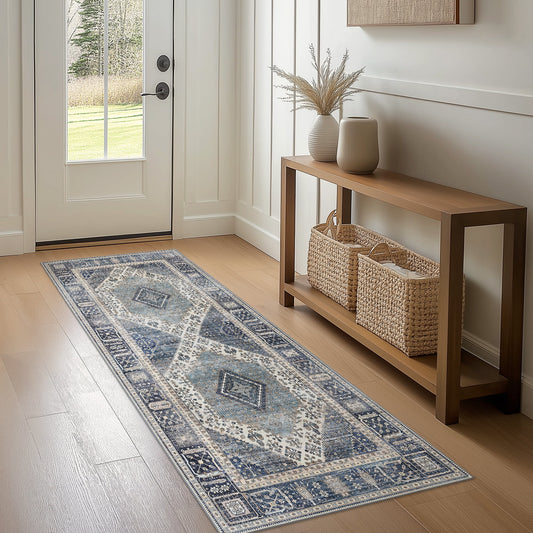 DEORAB Runner Rug 3X8 Non Slip Hallway Vintage Rugs, Machine Washable Lightweight Mat for Living Room, Entryway, Bedroom, Kitchen and Passage, Ultra-Thin, Blue