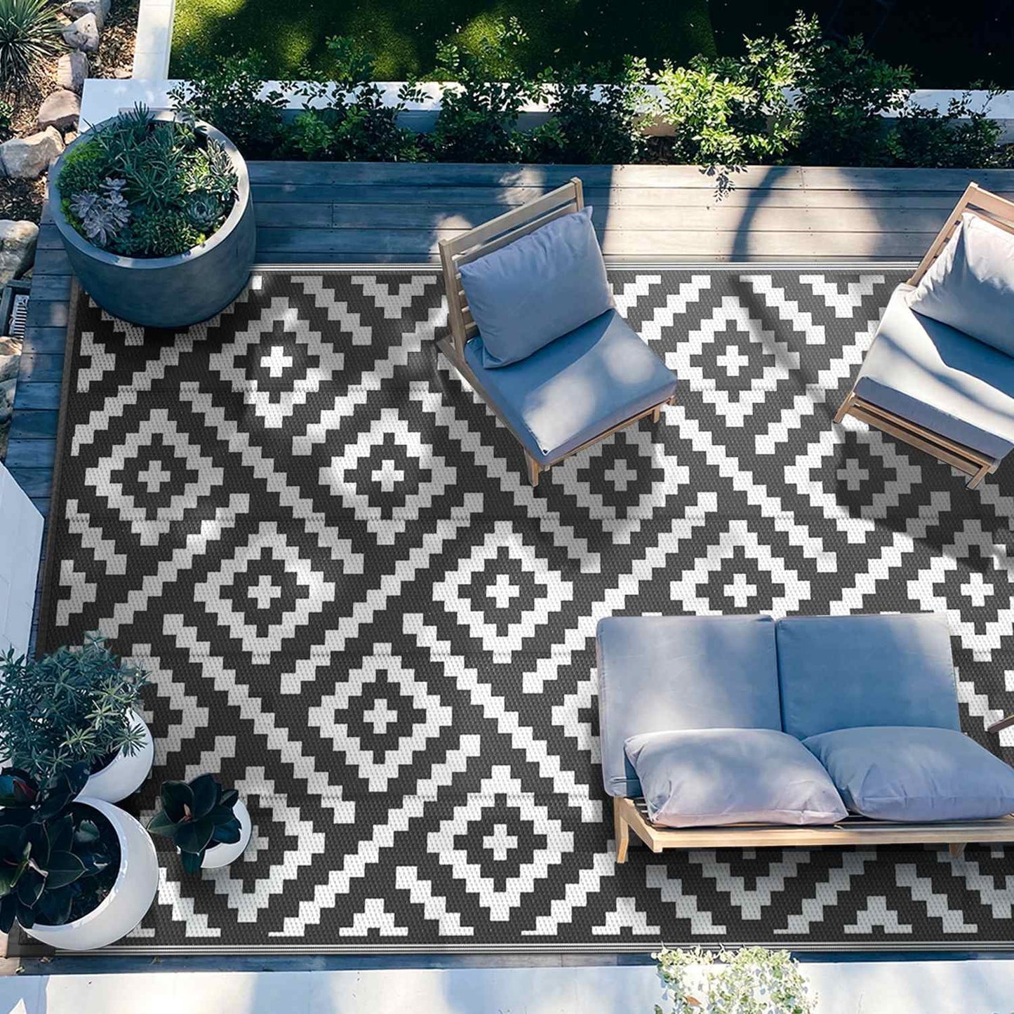 deorab outdoor rugs waterproof plastic straw mat 6'x9' reversible for rv patio deck beach black & white