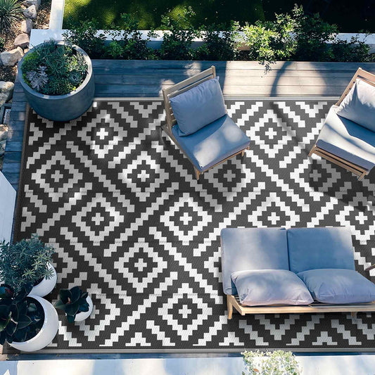 DEORAB Outdoor Rugs Waterproof Plastic Straw Mat 6'x9' Reversible for RV Patio Deck Beach Black & White