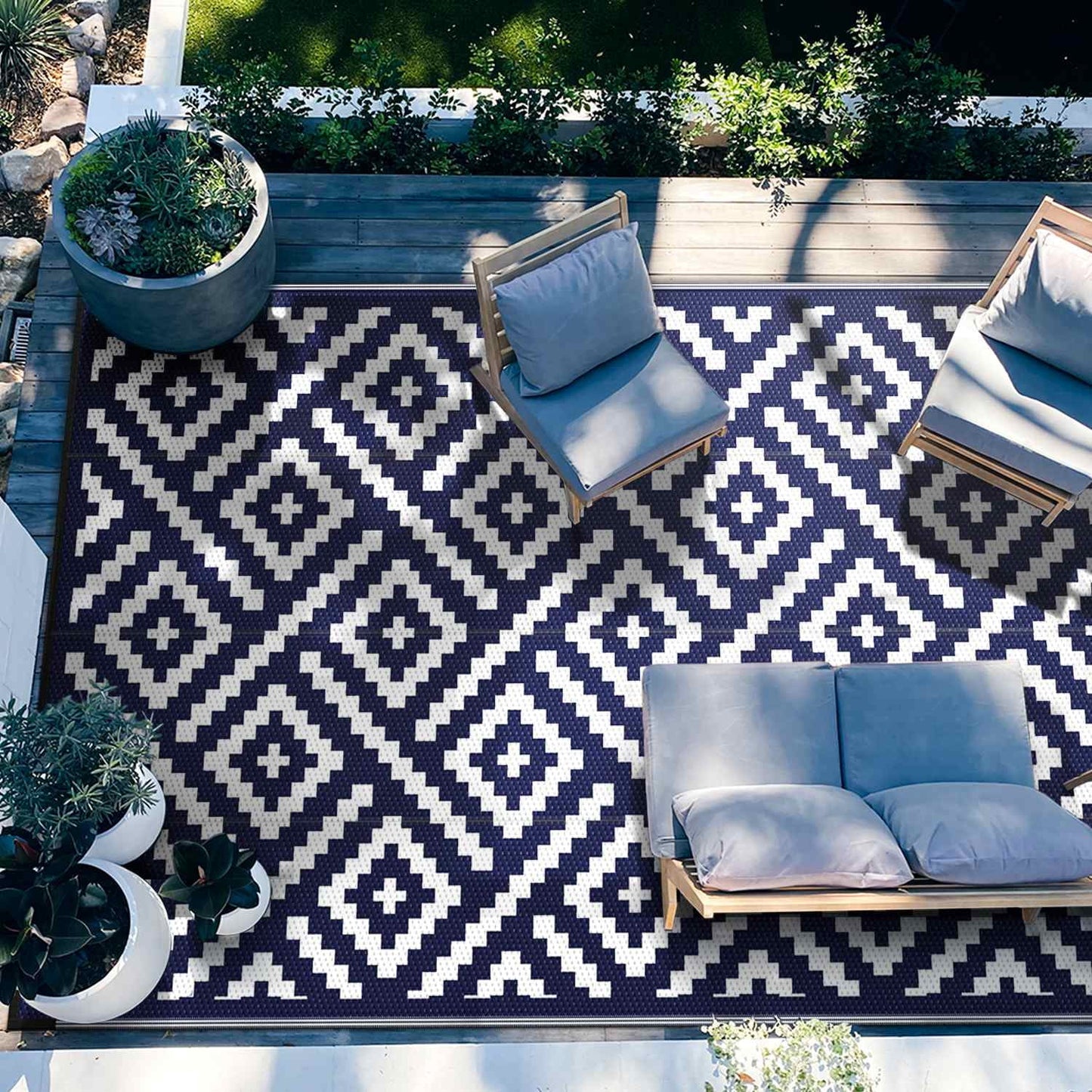 deorab 6'x9' outdoor rug patio clearance waterproof mat,reversible plastic camping nanyblue & white