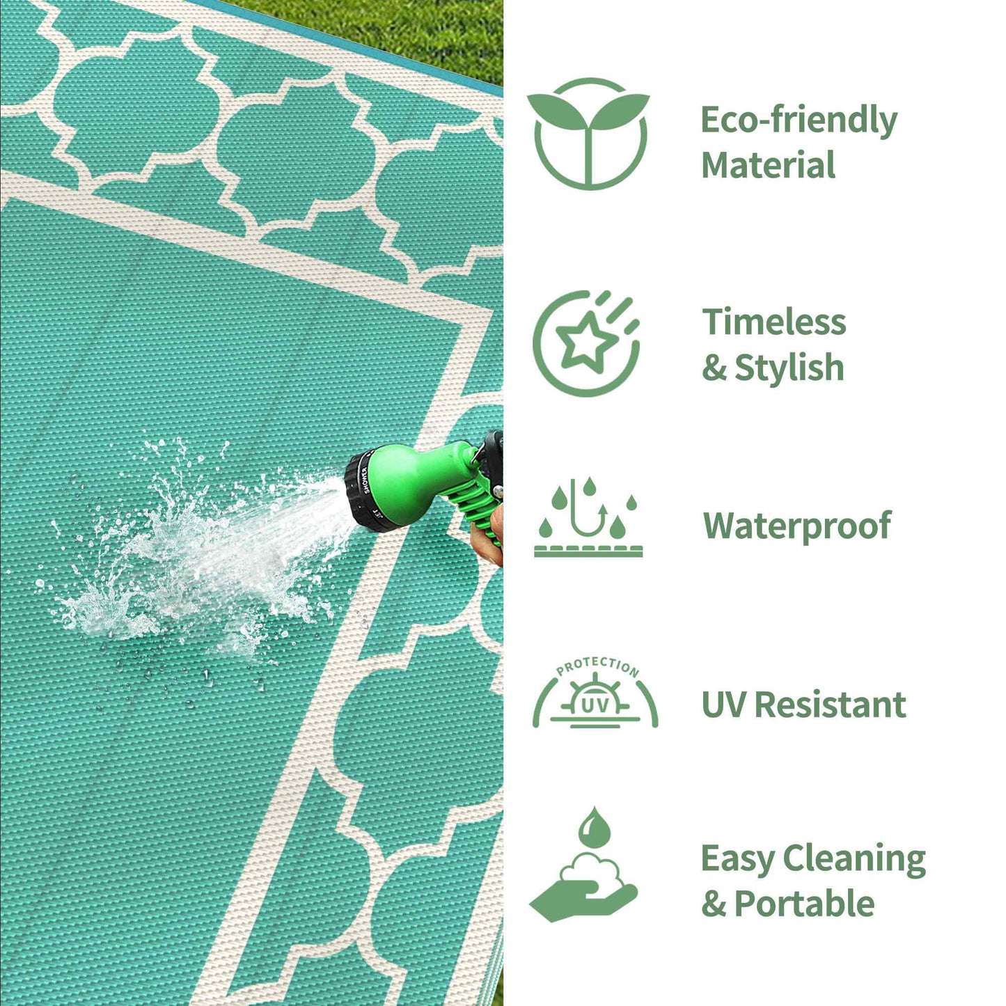 deorab outdoor rugs waterproof plastic straw mat 6'x9' reversible for rv patio deck beach lake green & beige white