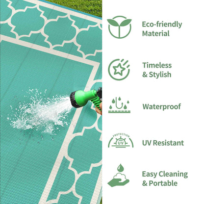 DEORAB 9'x12' Outdoor Rug Waterproof Patio Mat Reversible Plastic Carpet,Lake Green & Beige White