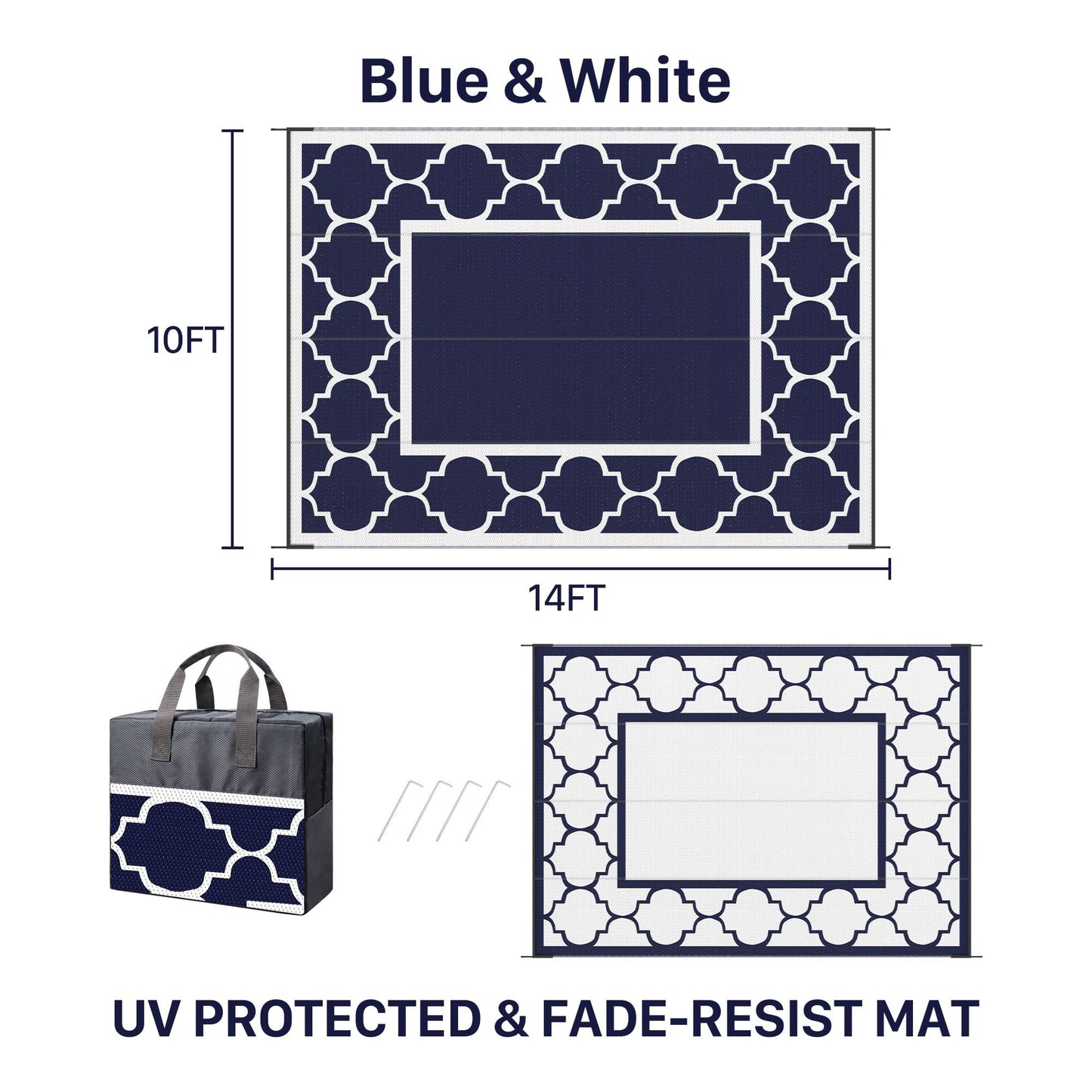 deorab outdoor rugs waterproof plastic straw mat 10'x14' reversible for rv patio deck beach blue & white