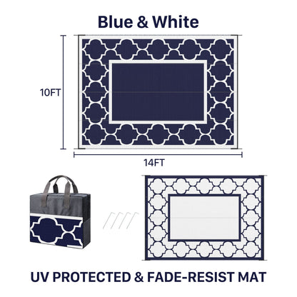 DEORAB Outdoor Rugs Waterproof Plastic Straw Mat 10'x14' Reversible for RV Patio Deck Beach Blue & White