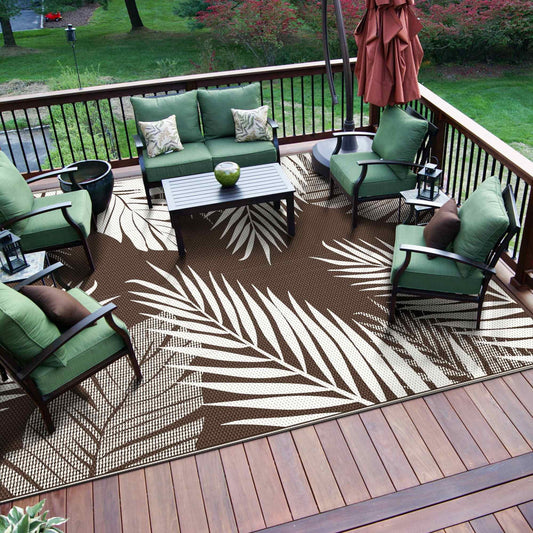 DEORAB 6'x9' Outdoor Rugs Patio Waterproof Outside Mat Reversible Plastic Camping Carpet,Coffee & Beige