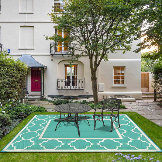 DEORAB 9'x12' Outdoor Rug Waterproof Patio Mat Reversible Plastic Carpet,Lake Green & Beige White
