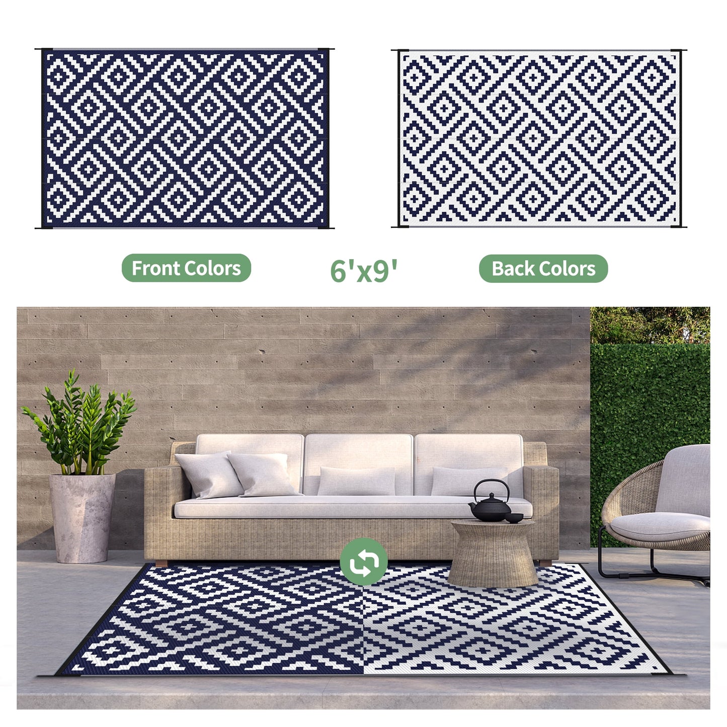 deorab 6'x9' outdoor rug patio clearance waterproof mat,reversible plastic camping nanyblue & white