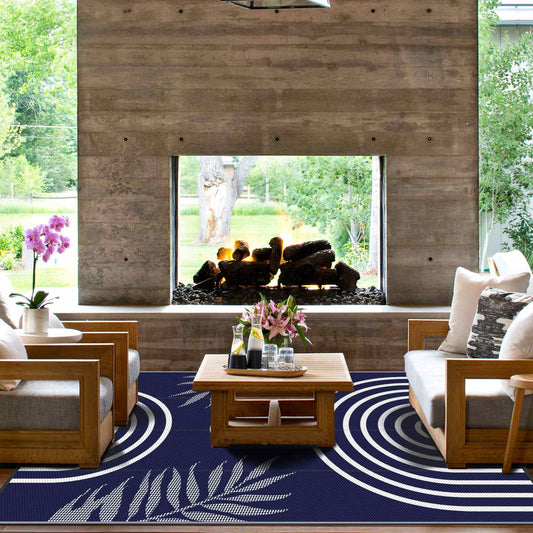 DEORAB Outdoor Rugs Waterproof Plastic Straw Mat 5'x8' Reversible for RV Patio Deck Beach Blue & White