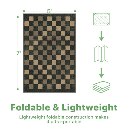 DEORAB Outdoor Rugs 5'X7' Chenille Patio Rug Three-Layer Material Imitation Silicone Spot Molding Camping Outside Rv Mat,BLACK & BROWN