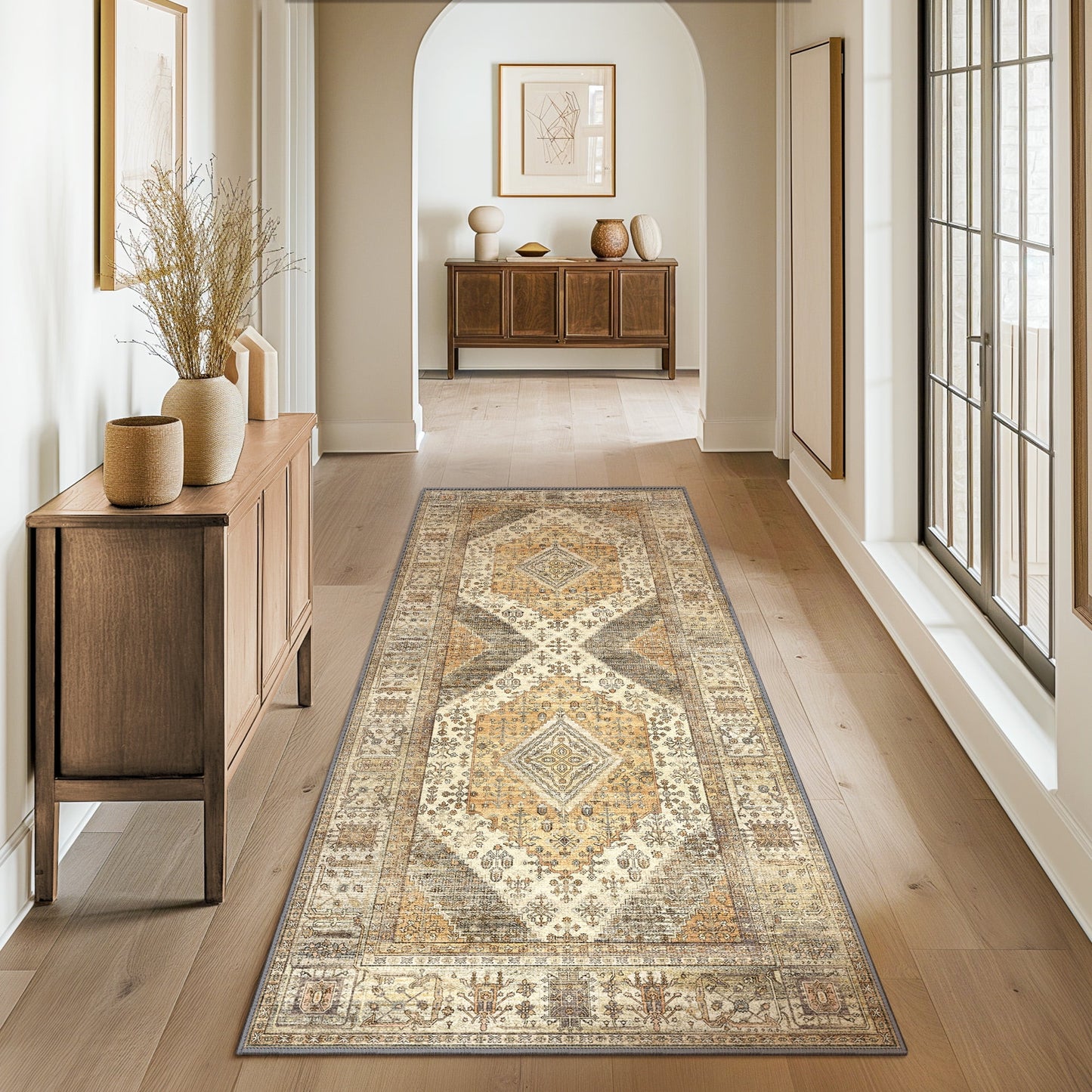 deorab runner rug 2x5 non slip hallway vintage rugs, machine washable lightweight mat for living room, entryway, bedroom, kitchen and passage, ultra-thin, beige