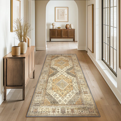DEORAB Runner Rug 2X5 Non Slip Hallway Vintage Rugs, Machine Washable Lightweight Mat for Living Room, Entryway, Bedroom, Kitchen and Passage, Ultra-Thin, Beige