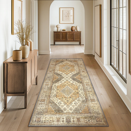 DEORAB Runner Rug 2X10 Non Slip Hallway Vintage Rugs, Machine Washable Lightweight Mat for Living Room, Entryway, Bedroom, Kitchen and Passage, Ultra-Thin, Beige