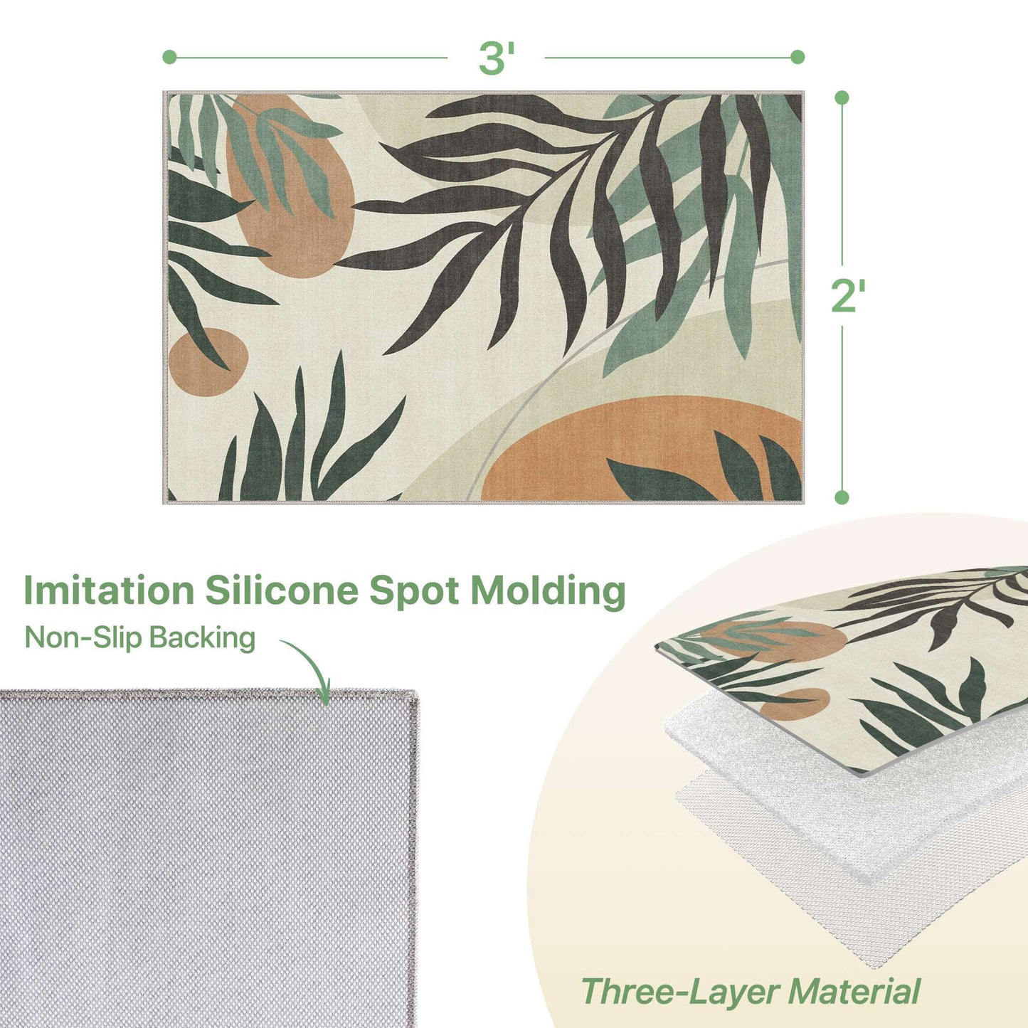 deorab outdoor rug 2'x3' chenille patio carpet three-layer material imitation silicone spot molding camping outside rv mat,beige&green